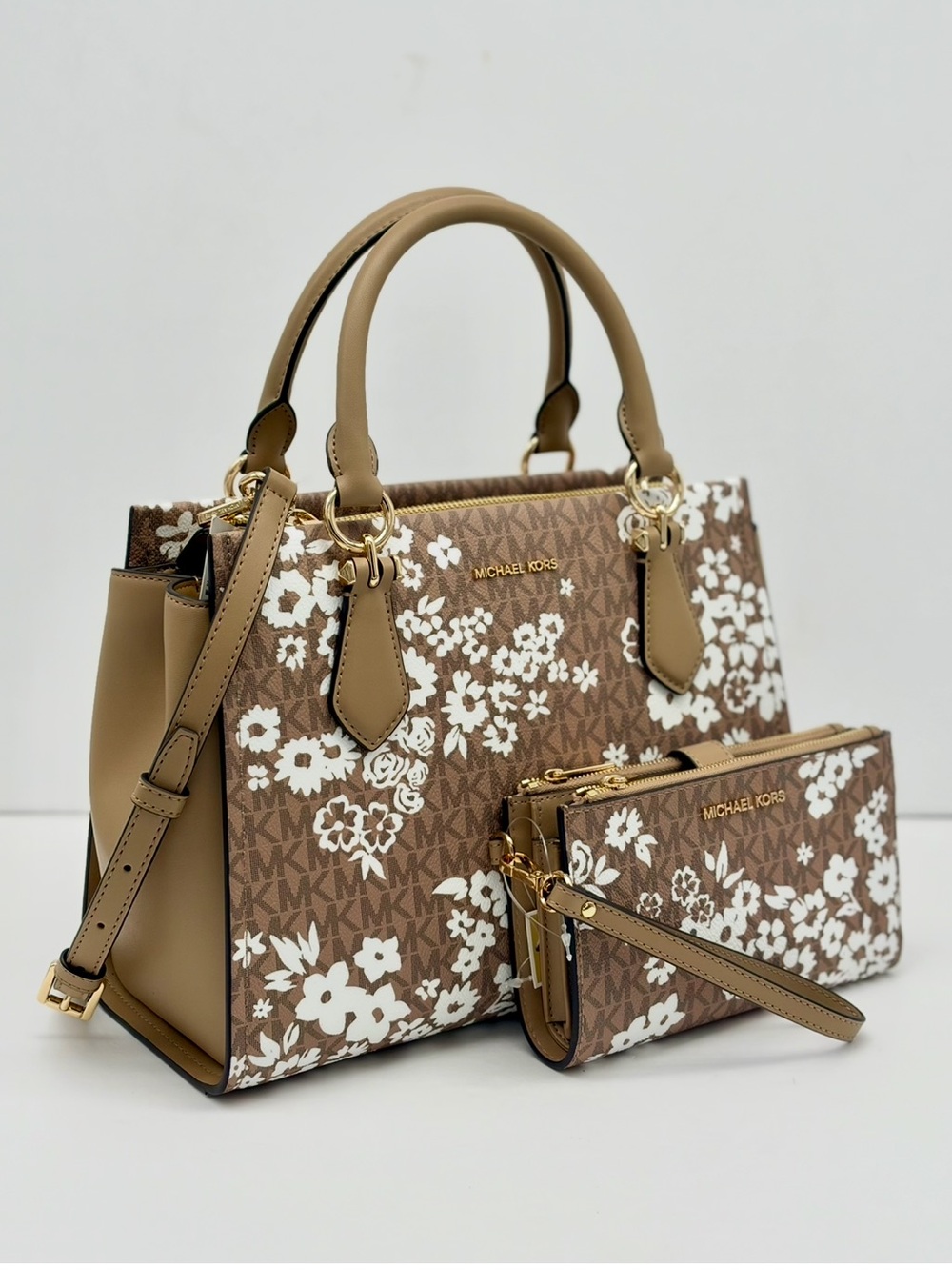 Michael Kors Navy and White Floral Satchel Crossbody and Wallet Set